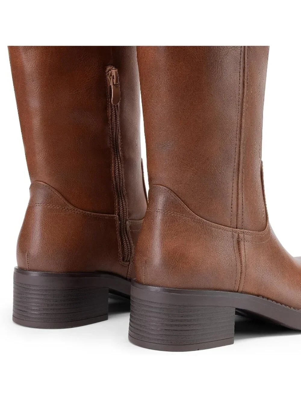 Women's Light Brown Faux Leather Square Toe Chunky Block Heel Knee High Boots